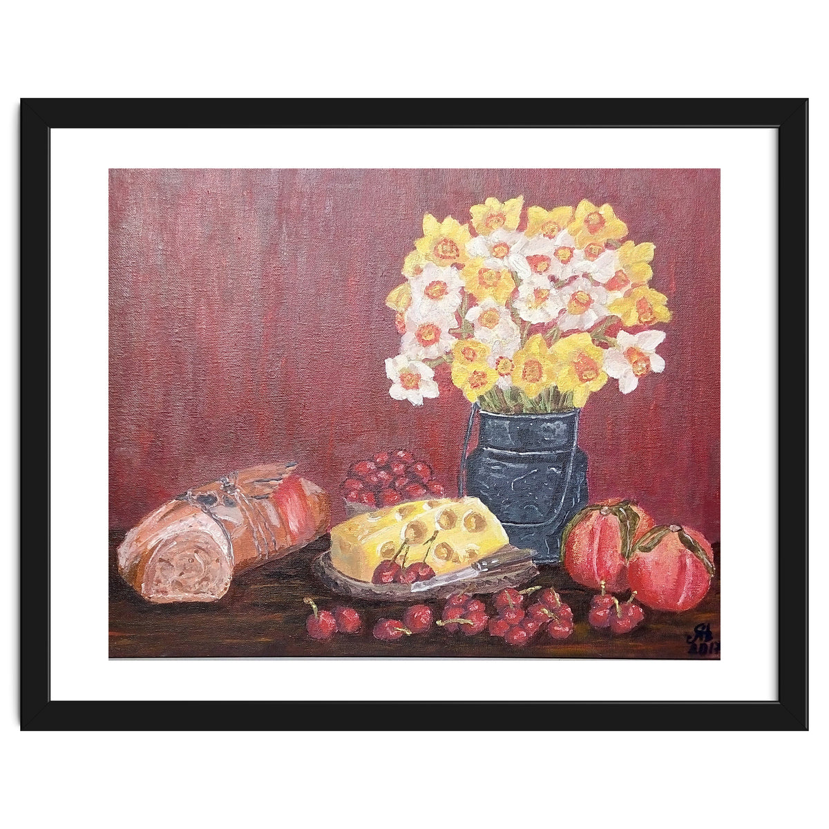 Still life with cheese, daffodils on a red background.