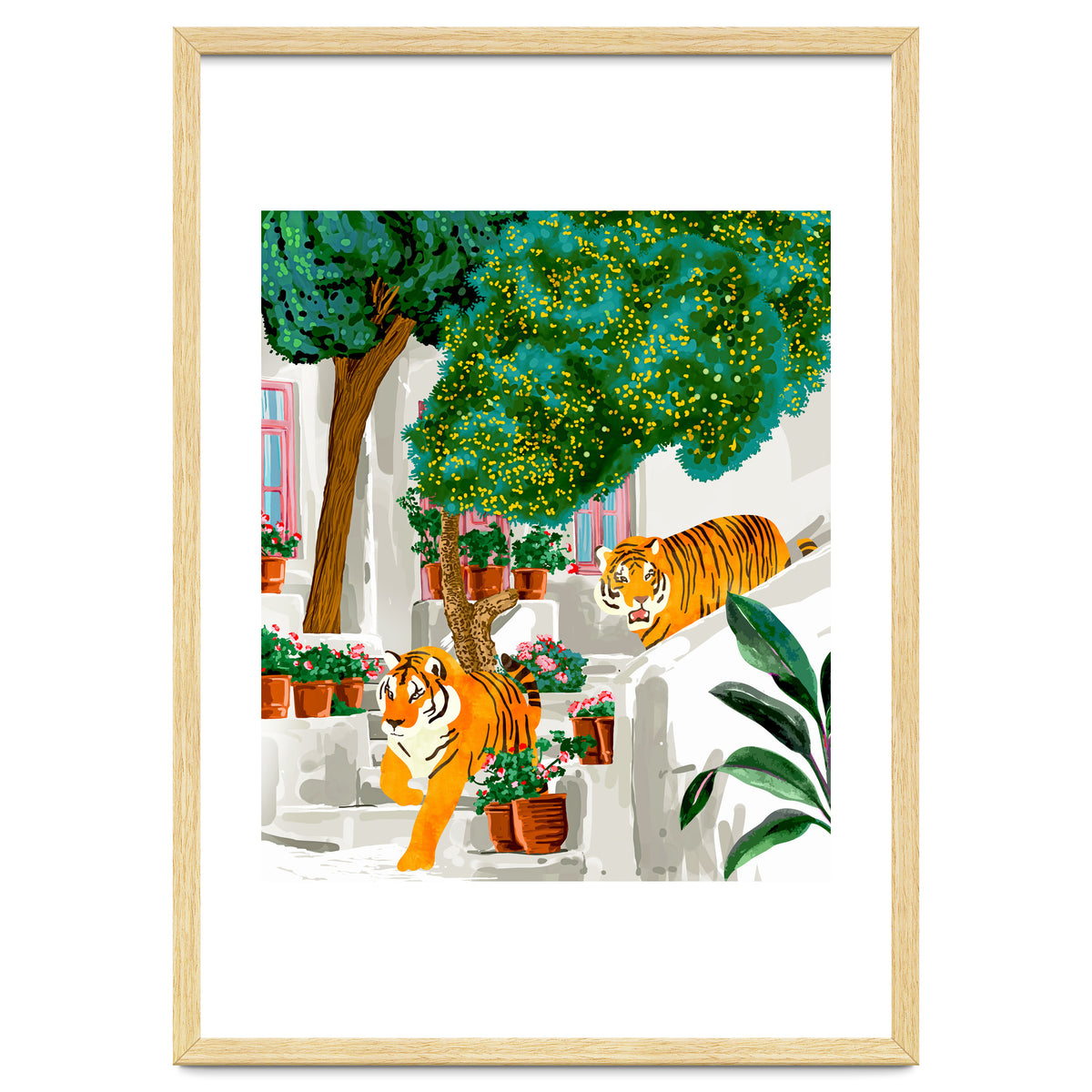 Tigers in Greece | Santorini Travel Architecture, Wildlife Animal Painting | Watercolor Illustration