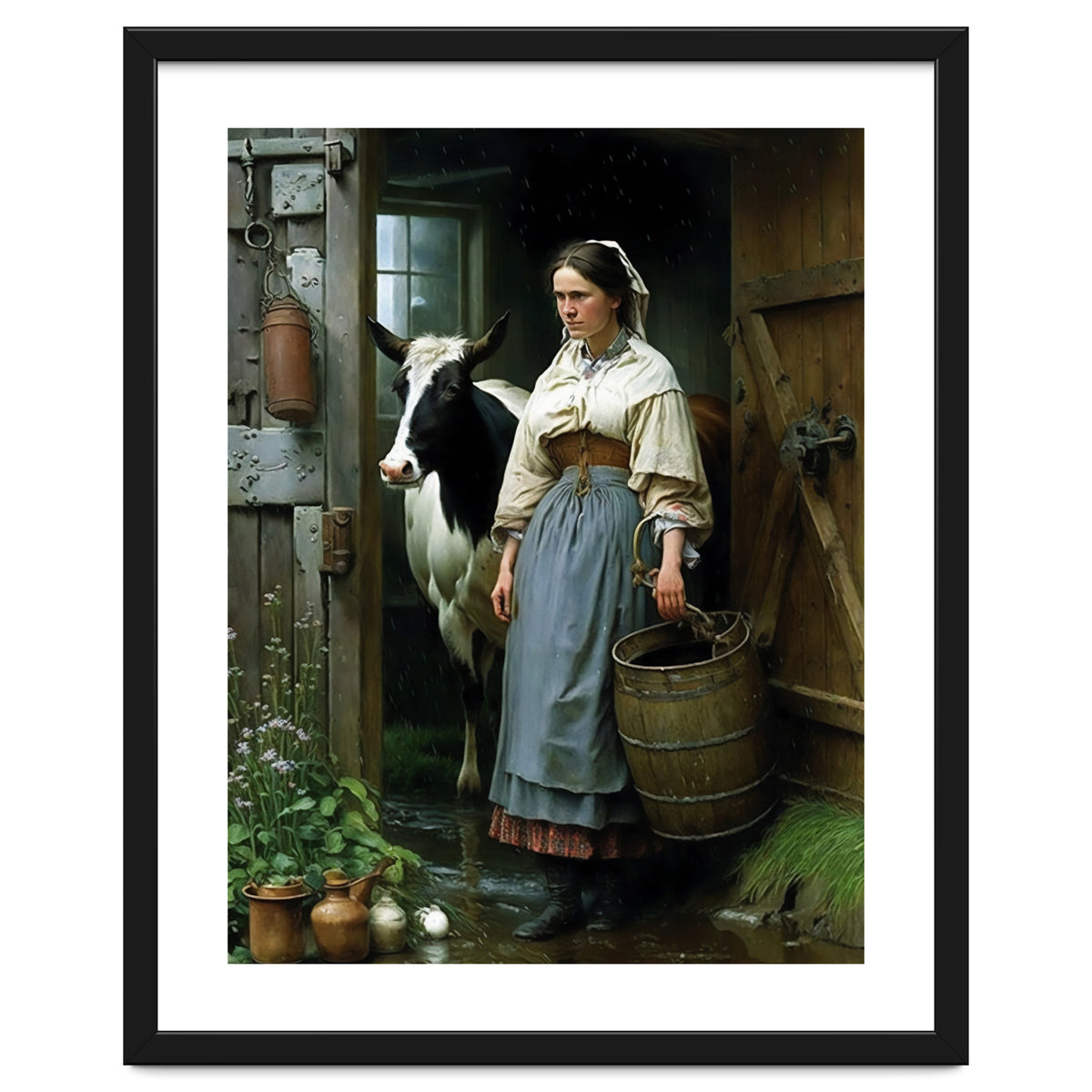 Farm Girl and Cow in Barn Oil Painting