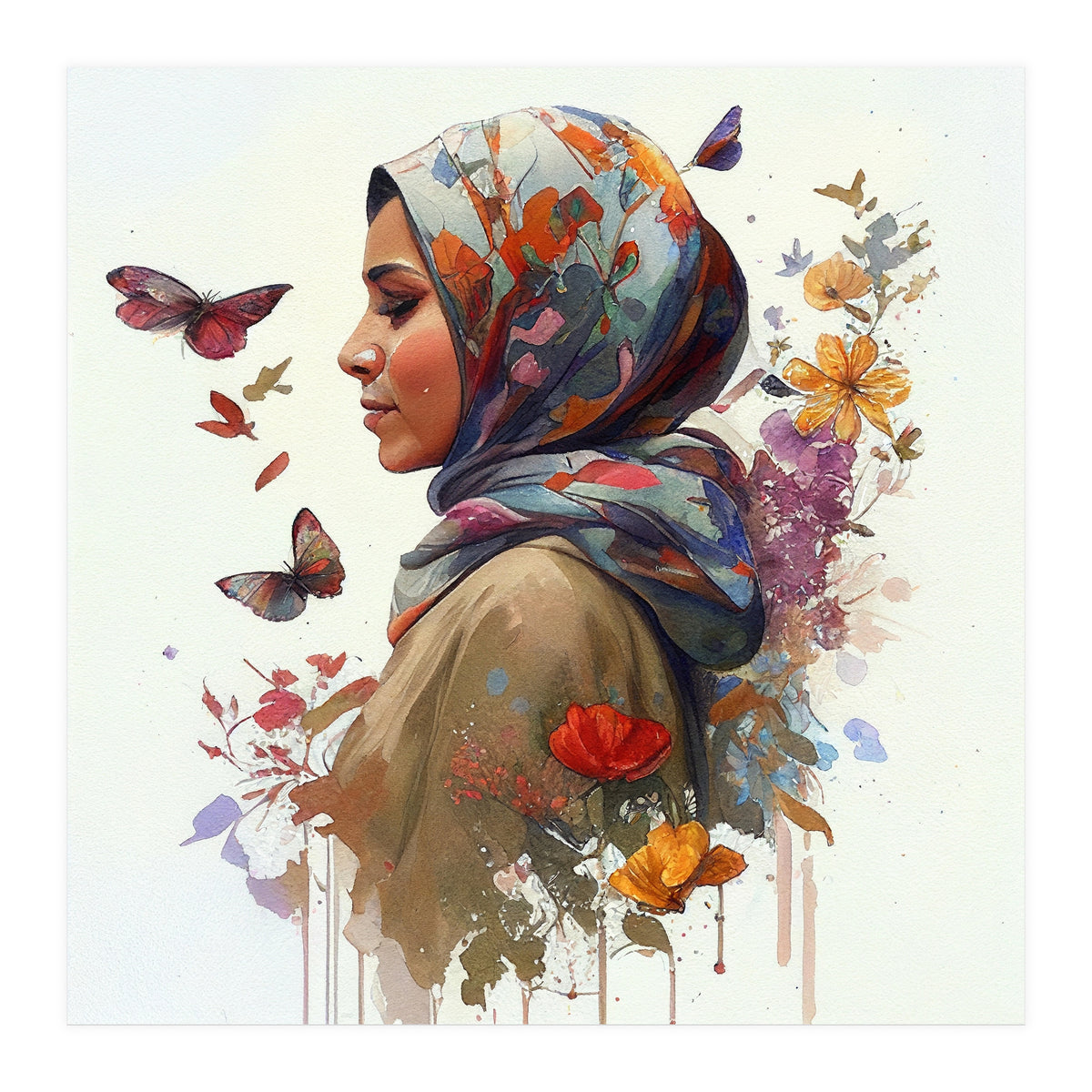 Watercolor Floral Muslim Woman #2 (Print Only)