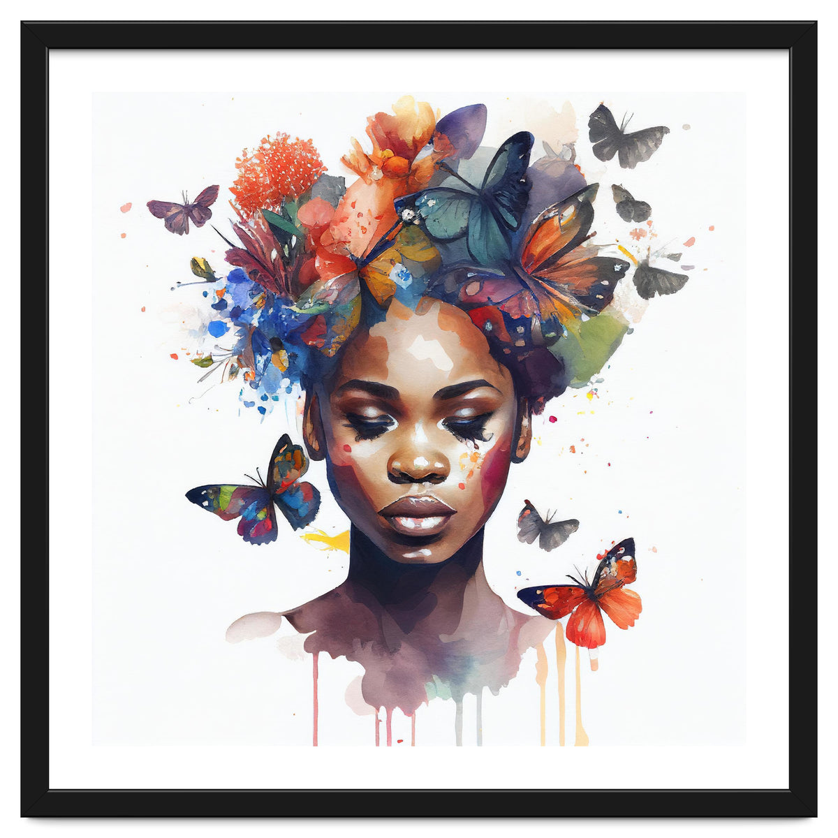Watercolor Butterfly African Woman #4