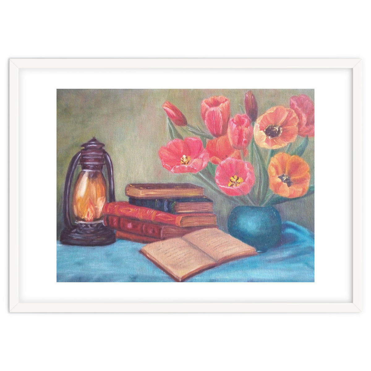 Still life with tulips, books and an old lamp.