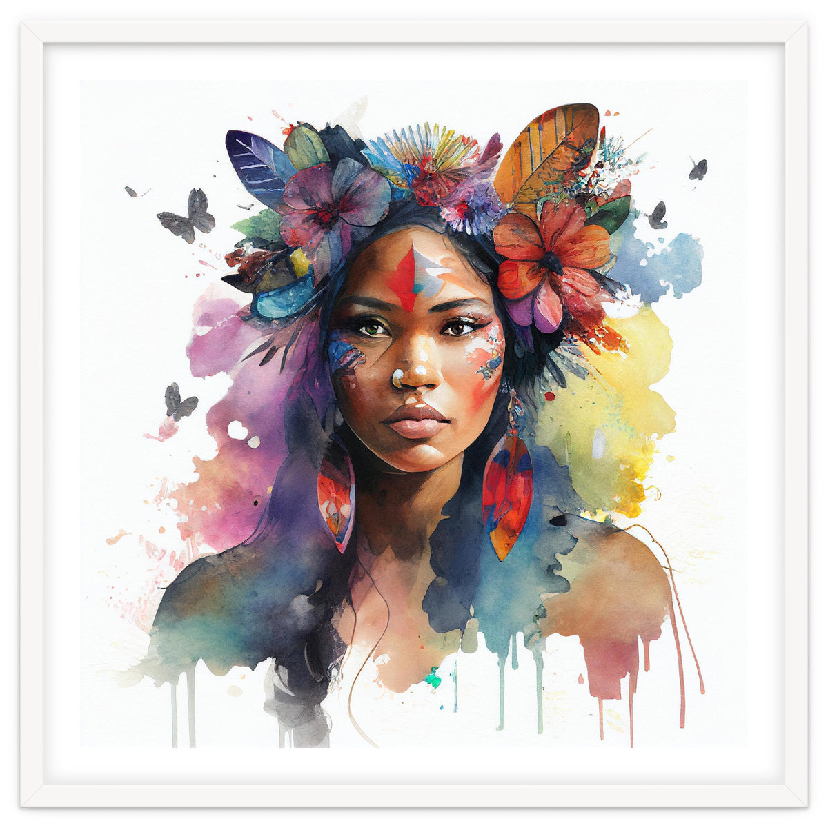 Watercolor Floral Indian Native Woman #1