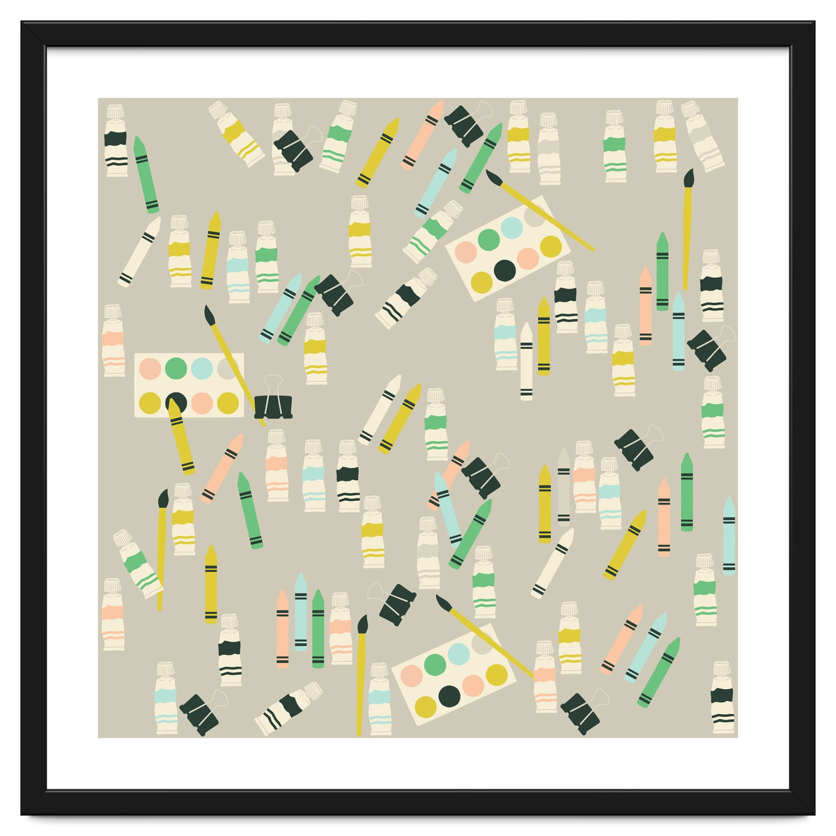 Artist pattern with crayons, watercolors and acrylic paint