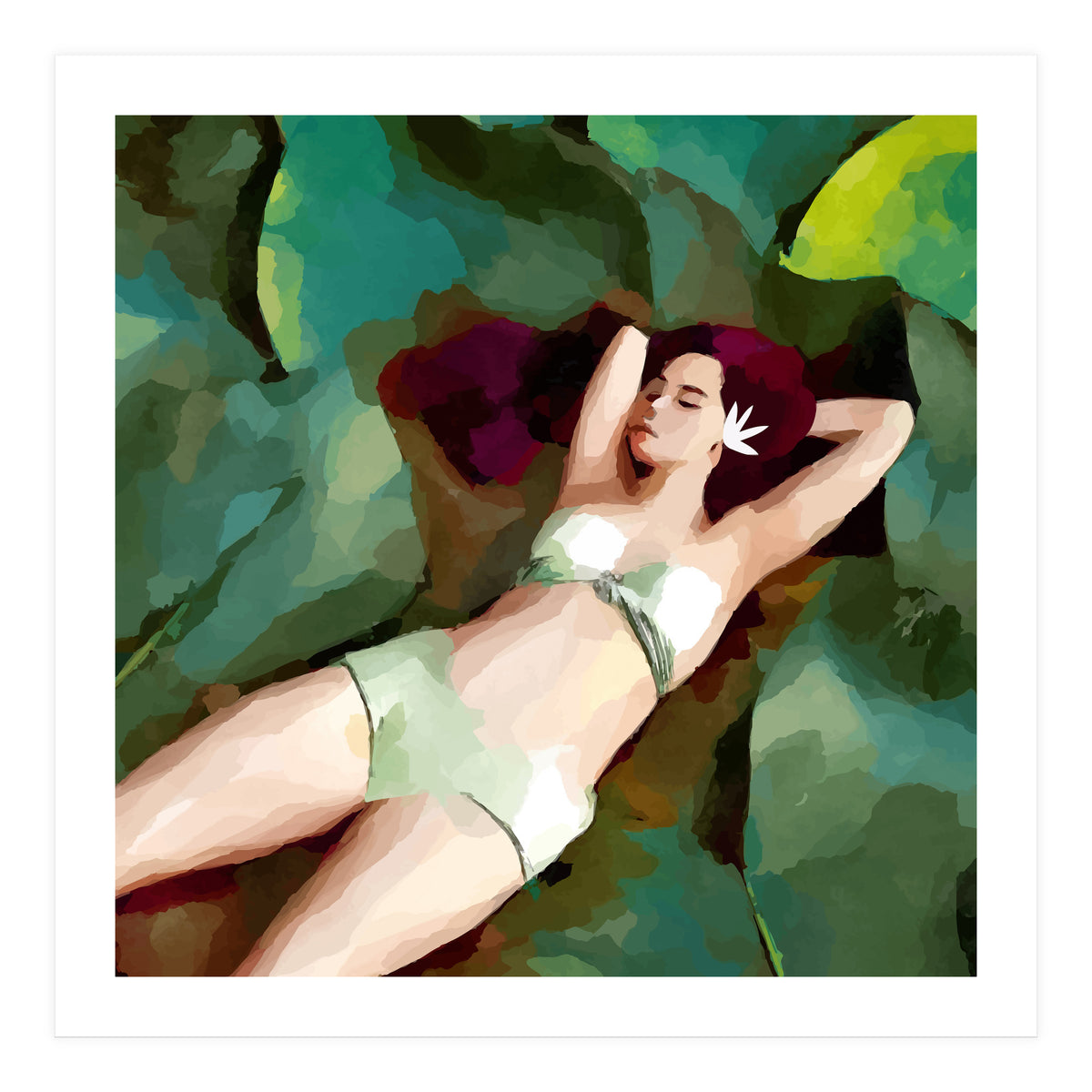 The Moment of Peace, Girl Woman on Lotus Leaf, Tropical Nature Botanical Watercolor Bohemian Painting (Print Only)