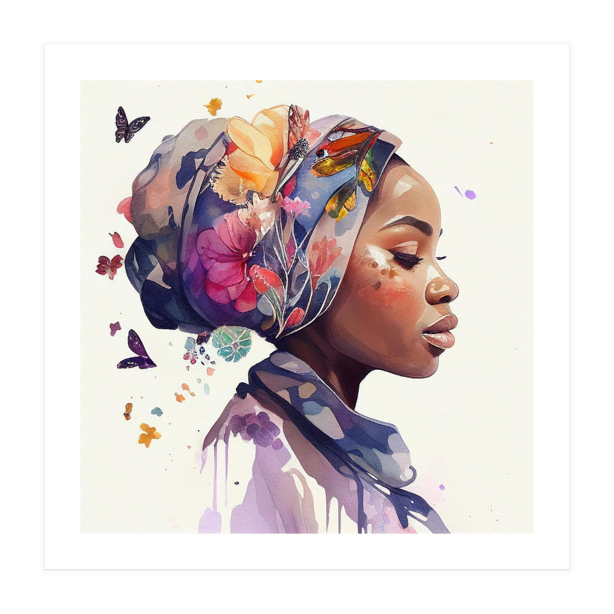 Watercolor Floral Muslim African Woman #1 (Print Only)