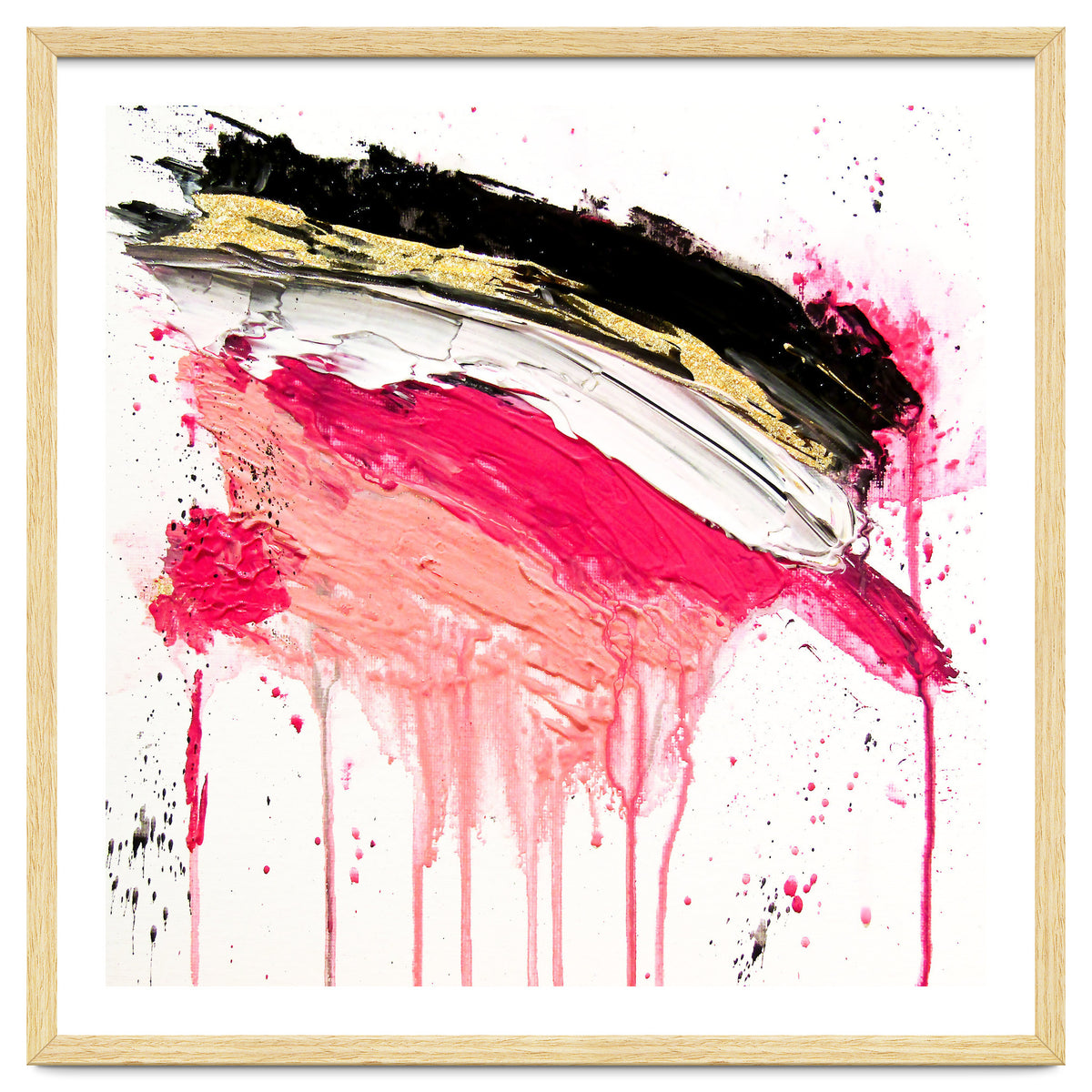 Modern Abstract Pink Black Gold Brushstrokes Splatters Acrylic