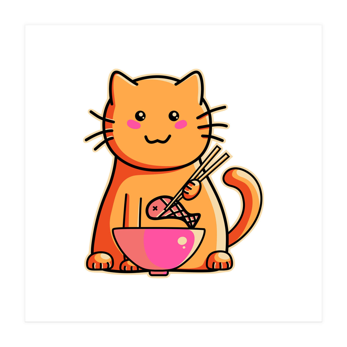 A Cat's Favourite Meal - kawaii cat eating fish with chopsticks (Print Only)