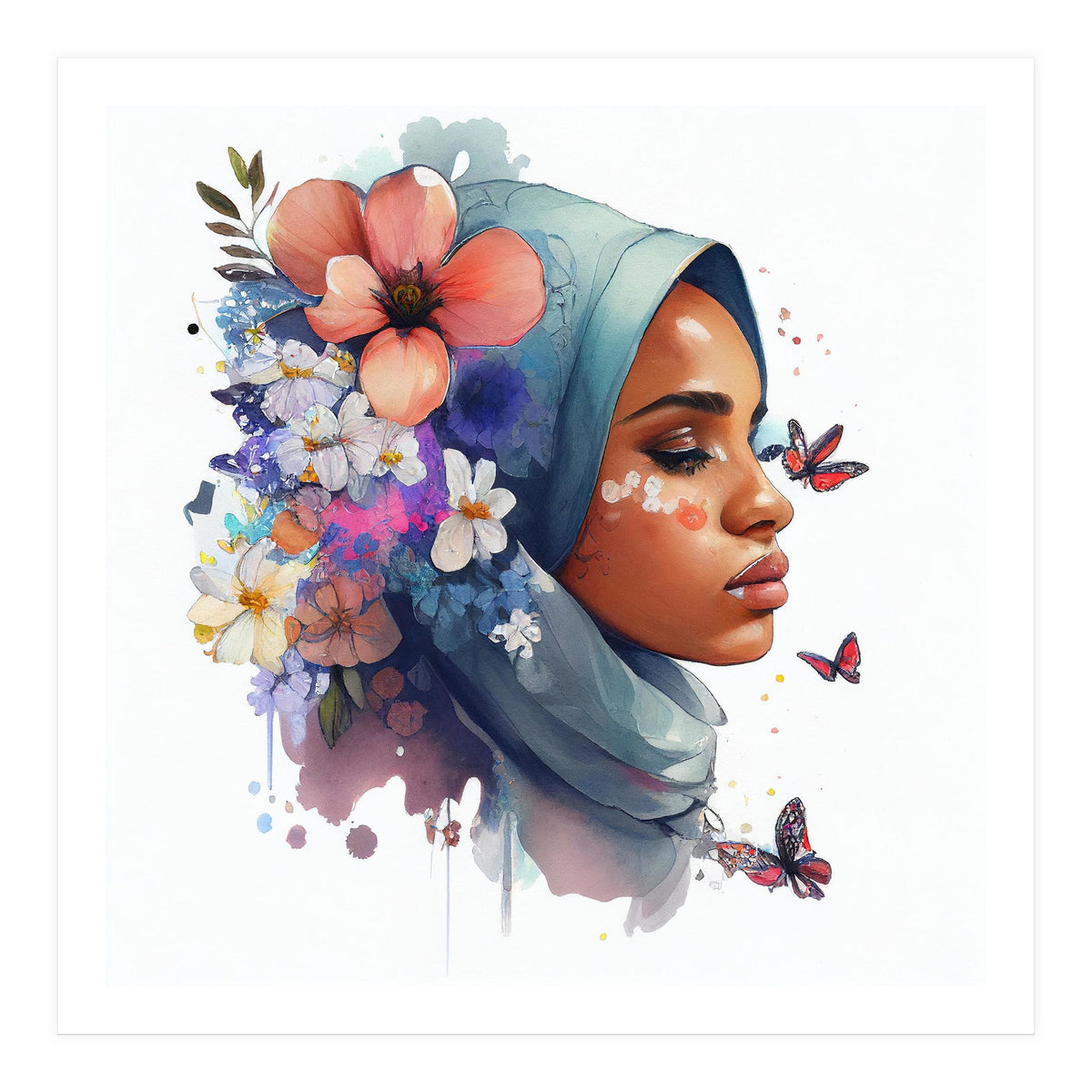 Watercolor Floral Muslim Arabian Woman #3 (Print Only)