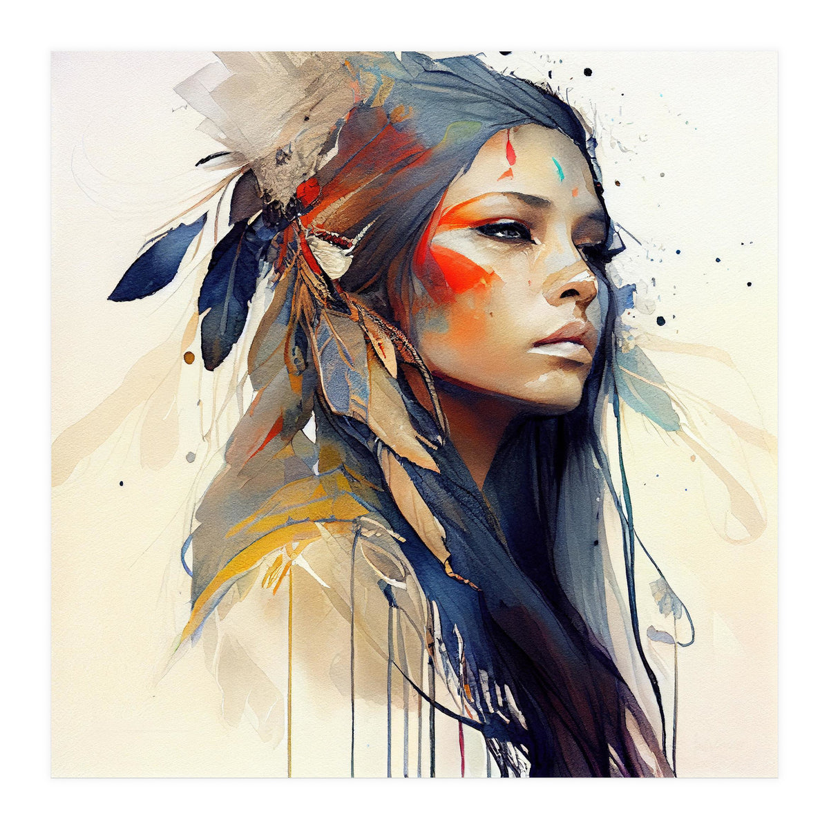 Watercolor Floral Indian Native Woman #13 (Print Only)