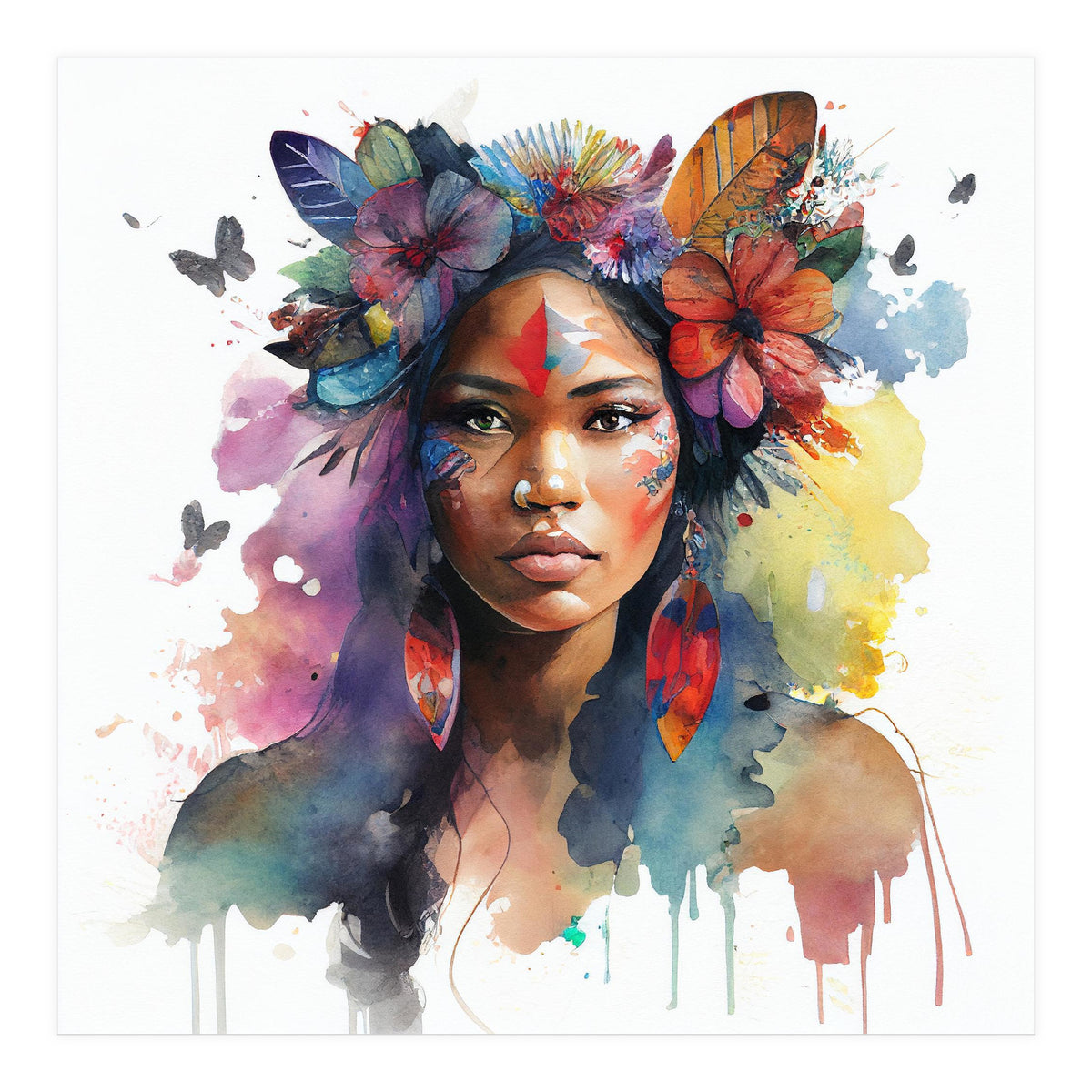 Watercolor Floral Indian Native Woman #1 (Print Only)