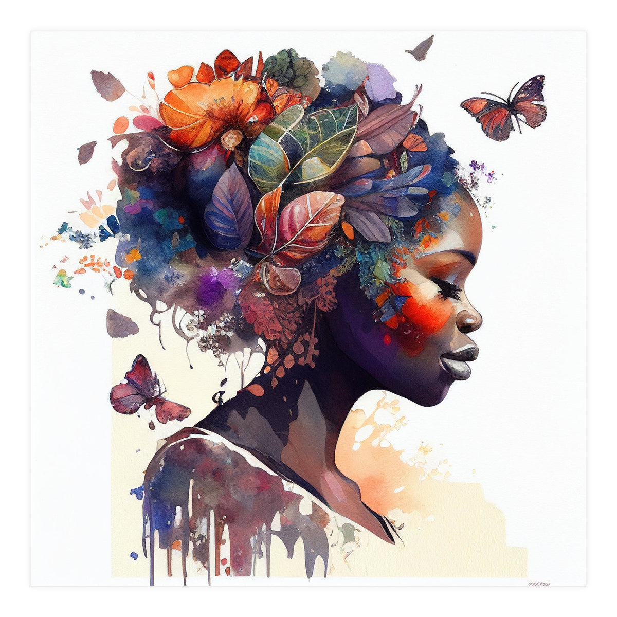 Watercolor Butterfly African Woman #9 (Print Only)