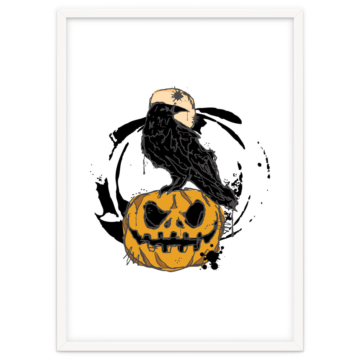 Raven over a pumpkin scribble sketch