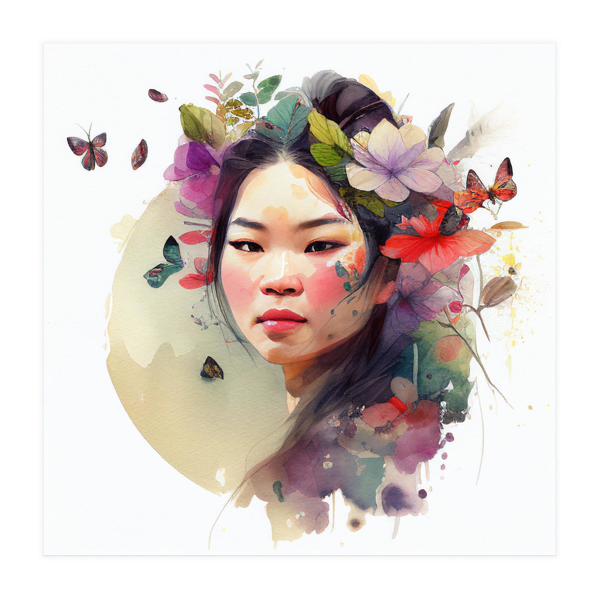Watercolor Floral Asian Woman #3 (Print Only)