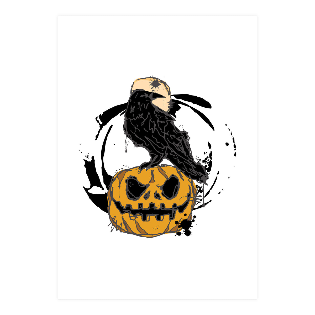 Raven over a pumpkin scribble sketch (Print Only)