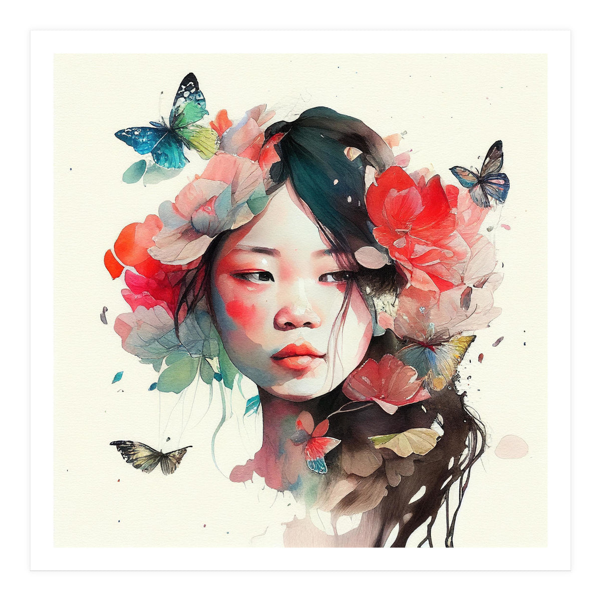 Watercolor Floral Asian Woman #8 (Print Only)