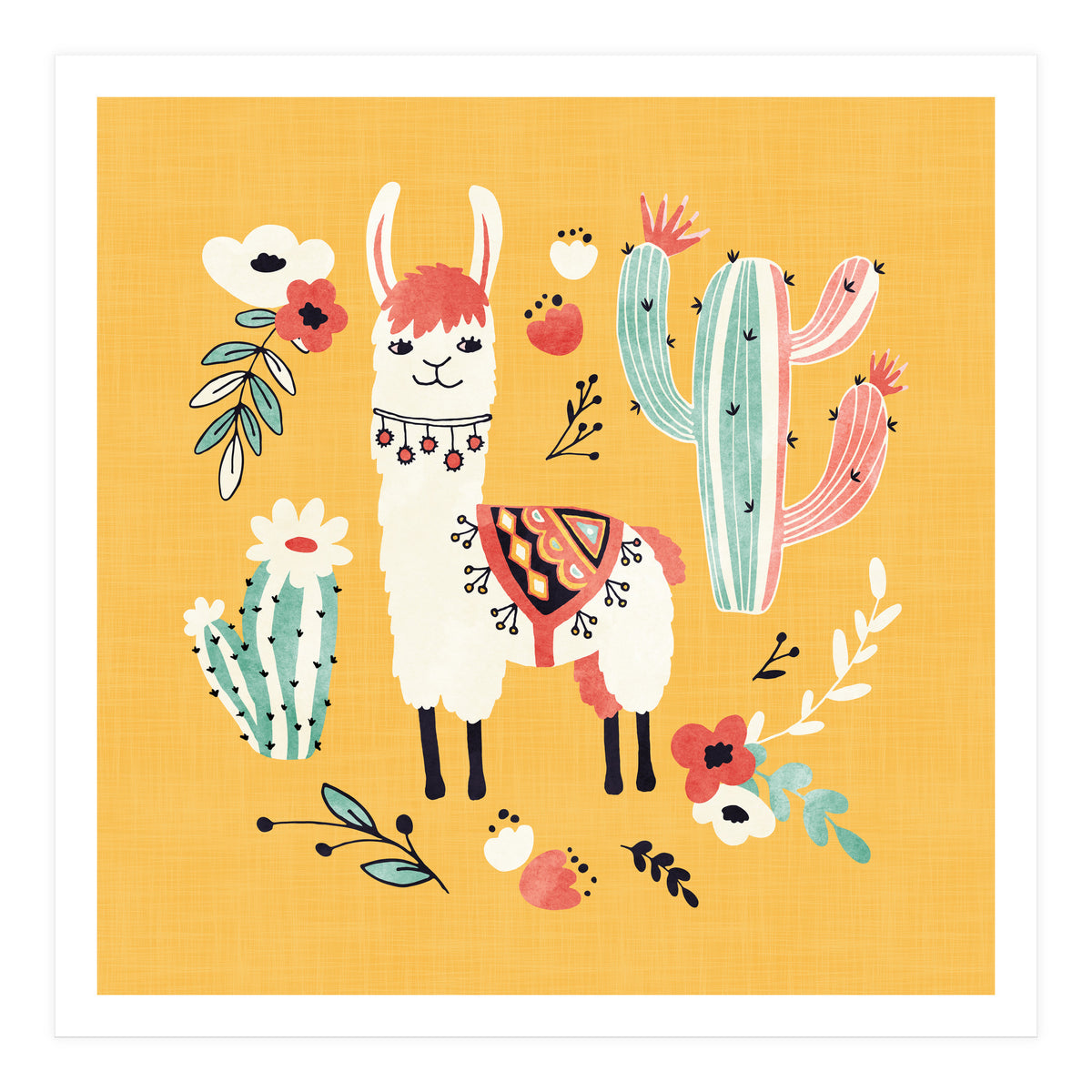 White Llama With Flowers (Print Only)