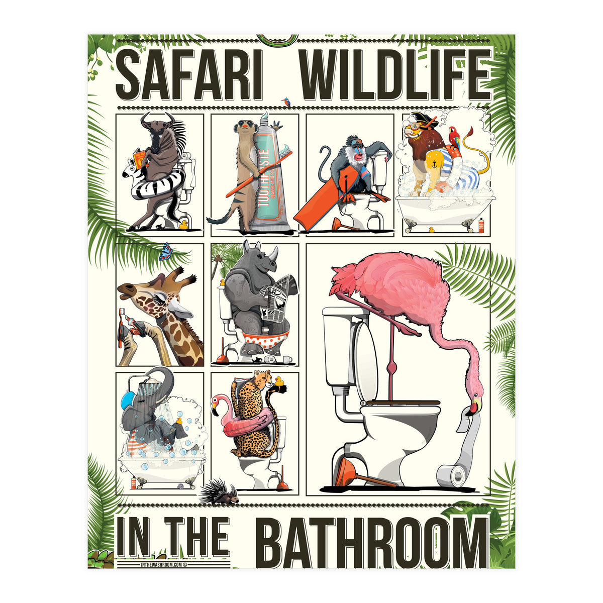 Safari wildlife animals in the bathroom, funny toilet humour.  (Print Only)