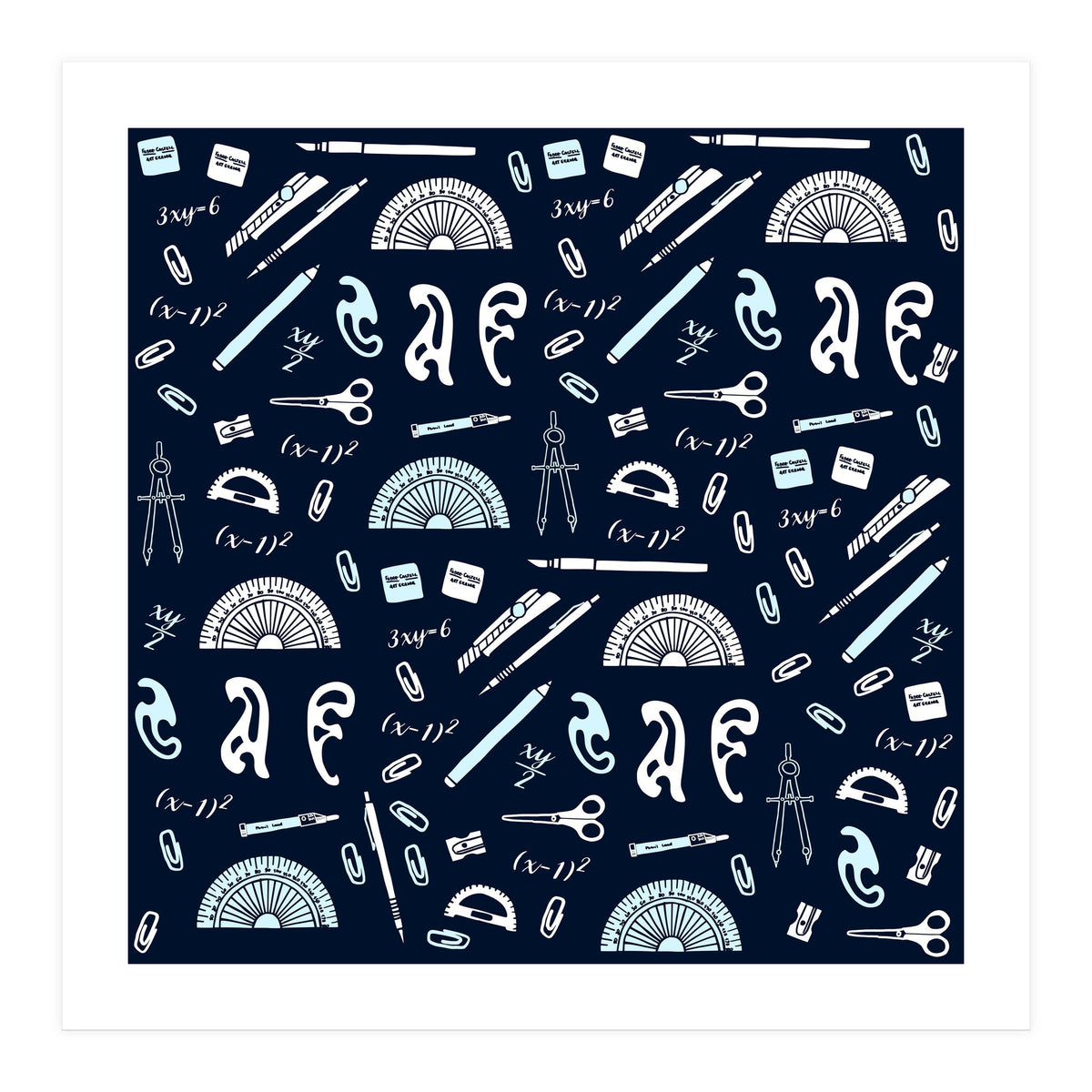 Mathematics and Geometry Pattern with protractors, mechanical pencils and erasers (Print Only)