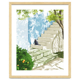 Black cat on the steps Poster, Greece Santorini summer travel pet painting thumbnail