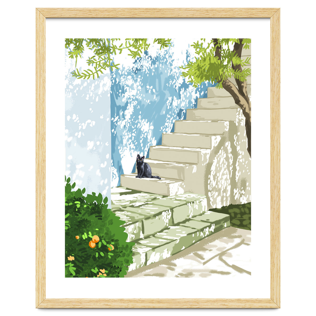 Black cat on the steps Poster, Greece Santorini summer travel pet painting