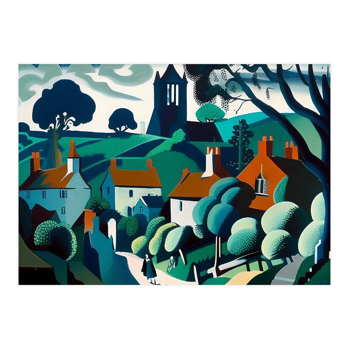 English Country Village Painting (Print Only)