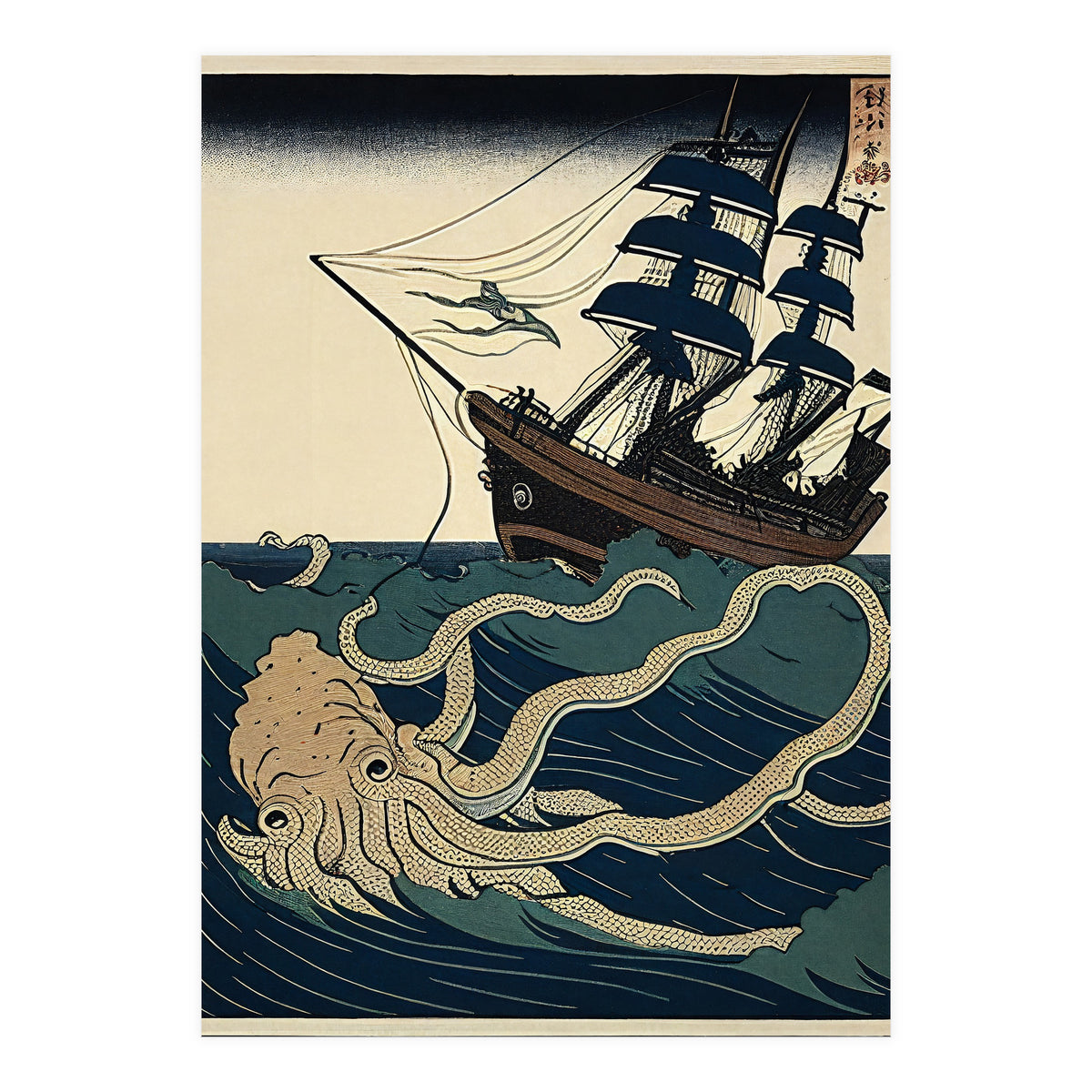 Giant Squid Attacking Ship Japanese Woodblock Print (Print Only)