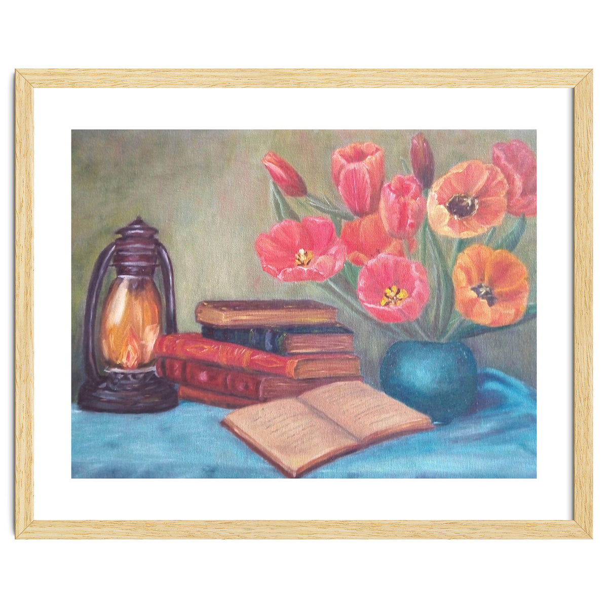 Still life with tulips, books and an old lamp.