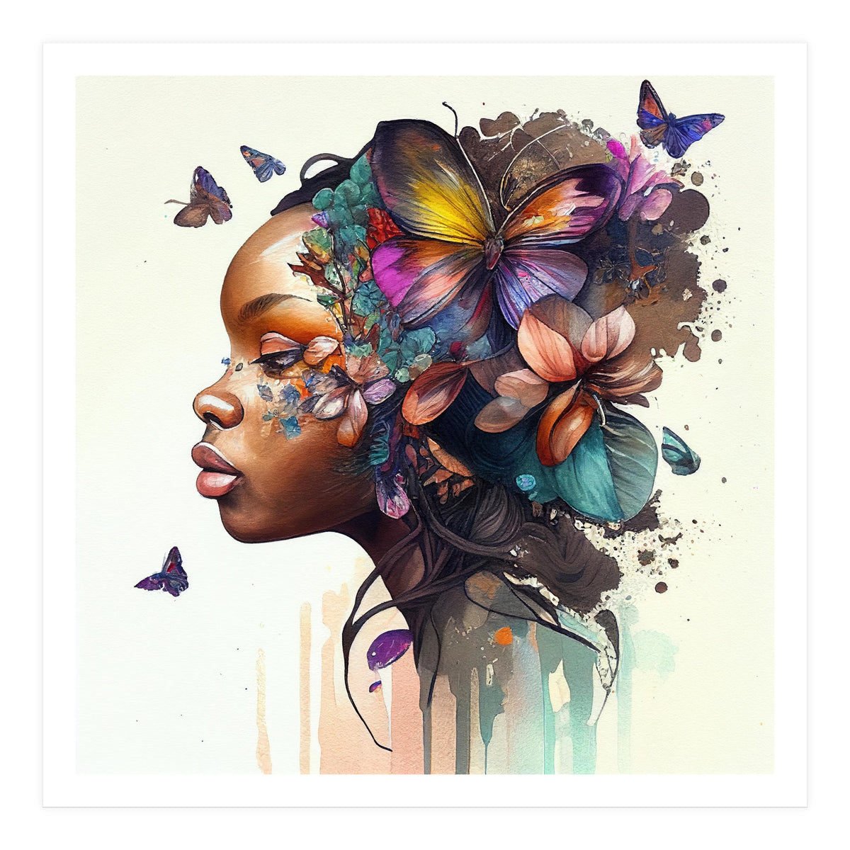Watercolor Butterfly African Woman #8 (Print Only)