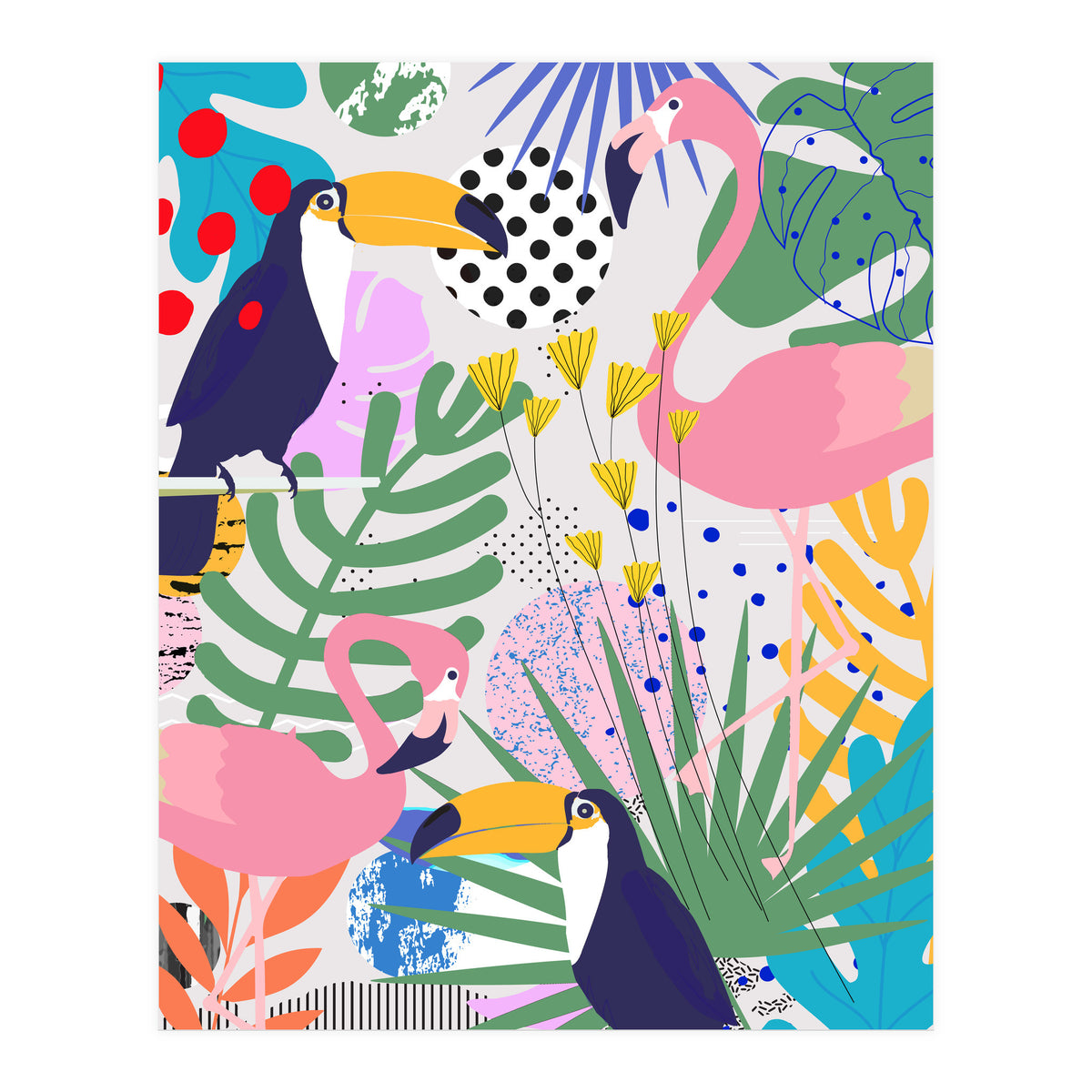 Tropical Spring | Pastel Quirky Modern Bohemian Jungle Botanical | Flamingo Palm Cockatoo Birds (Print Only)
