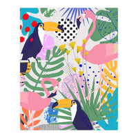 Tropical Spring | Pastel Quirky Modern Bohemian Jungle Botanical | Flamingo Palm Cockatoo Birds (Print Only)