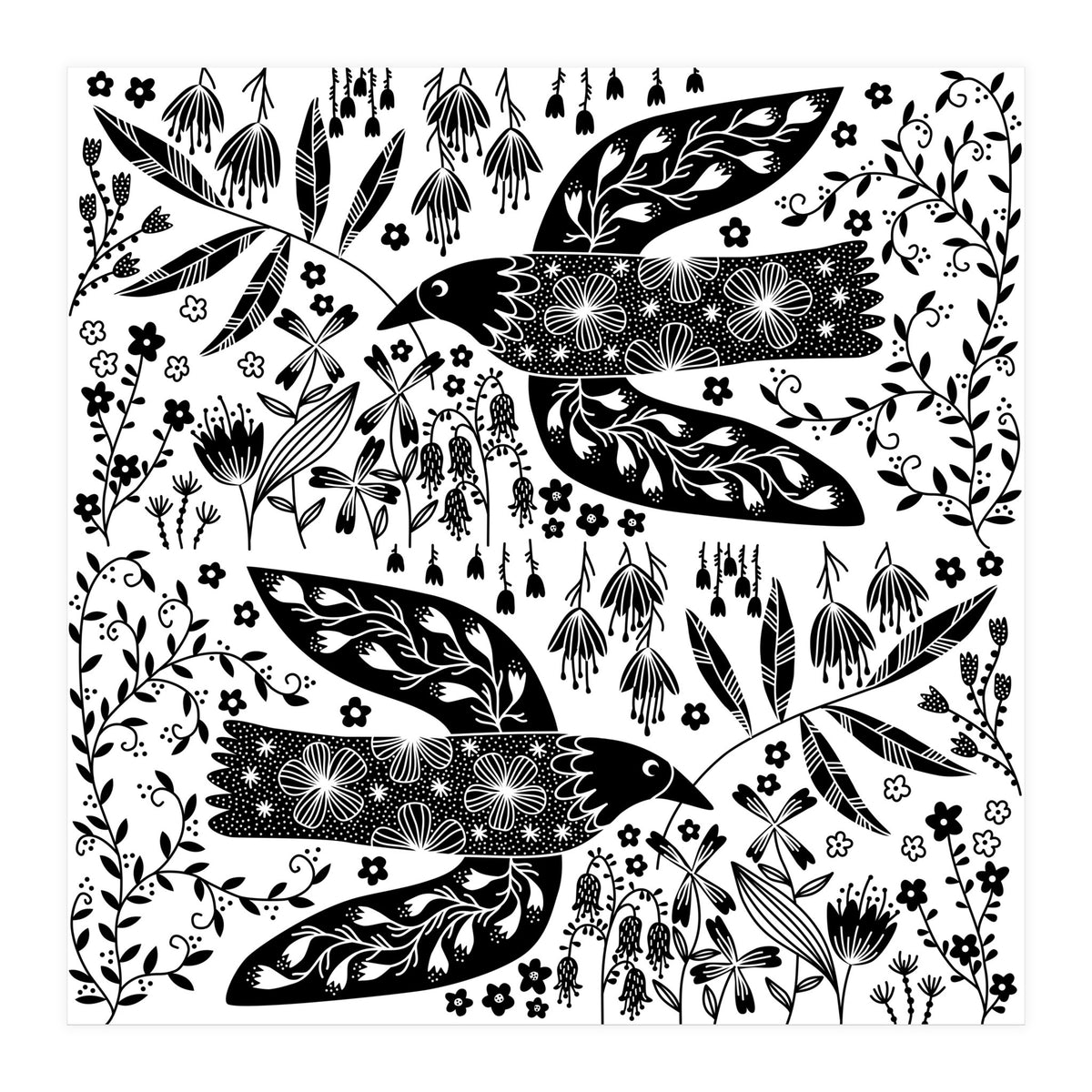 Doves And Flowers Black & White (Print Only)