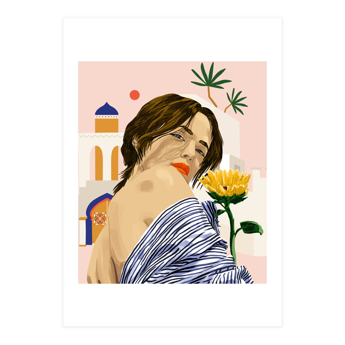 I Travel, I Become | Morocco Architecture Illustration, Bohemian Woman Tropical Sunflower Boho Palm  (Print Only)