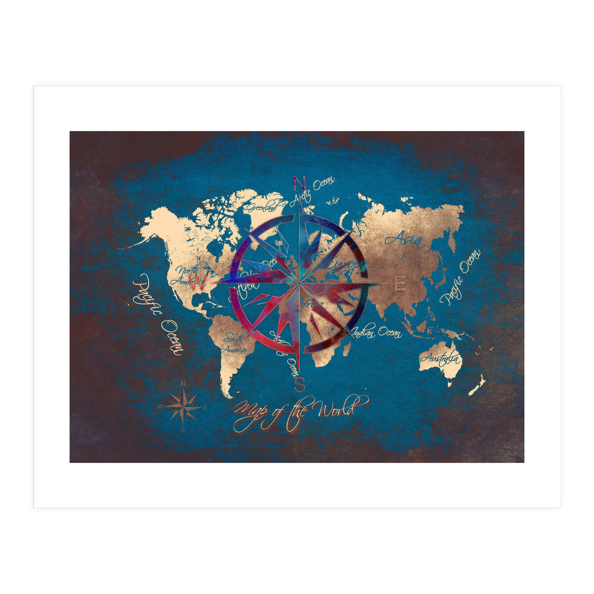 World Map Wind Rose blue (Print Only)