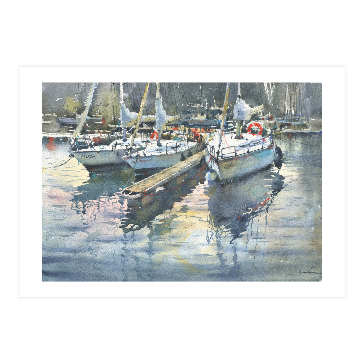 Yachts in the port. Watercolor painting (Print Only)
