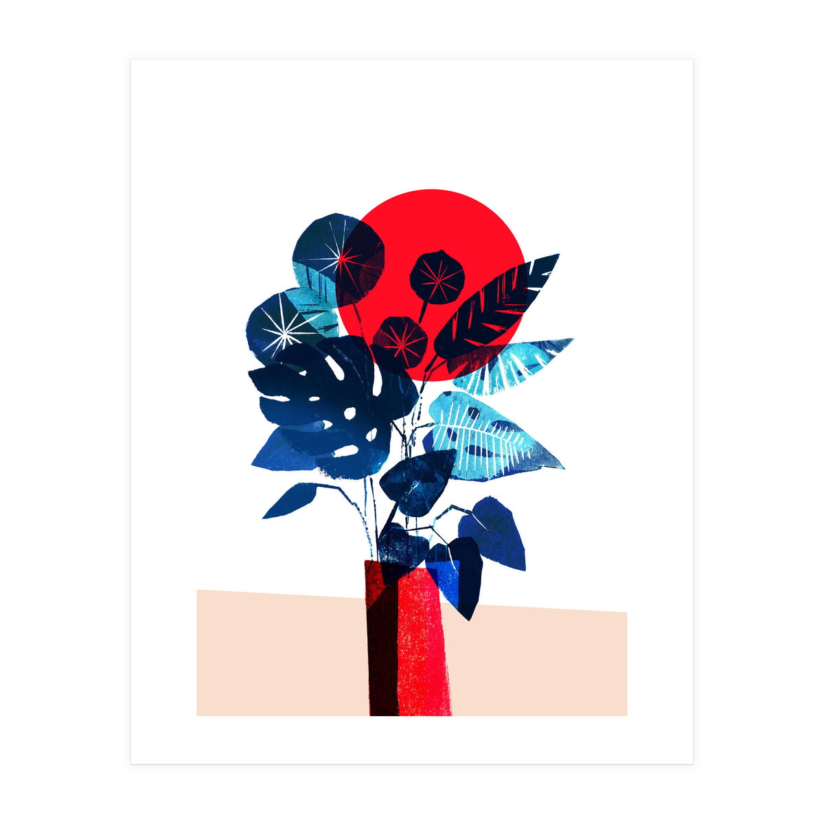 Blue Flowers in Red Vase (Print Only)