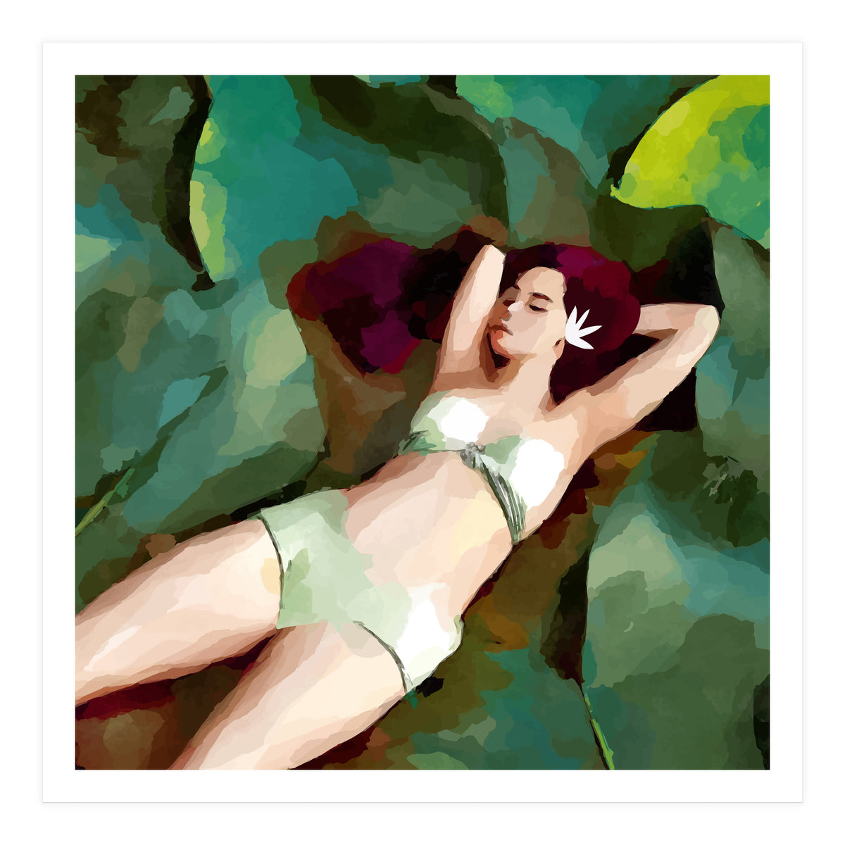 The Moment of Peace, Girl Woman on Lotus Leaf, Tropical Nature Botanical Watercolor Bohemian Painting (Print Only)