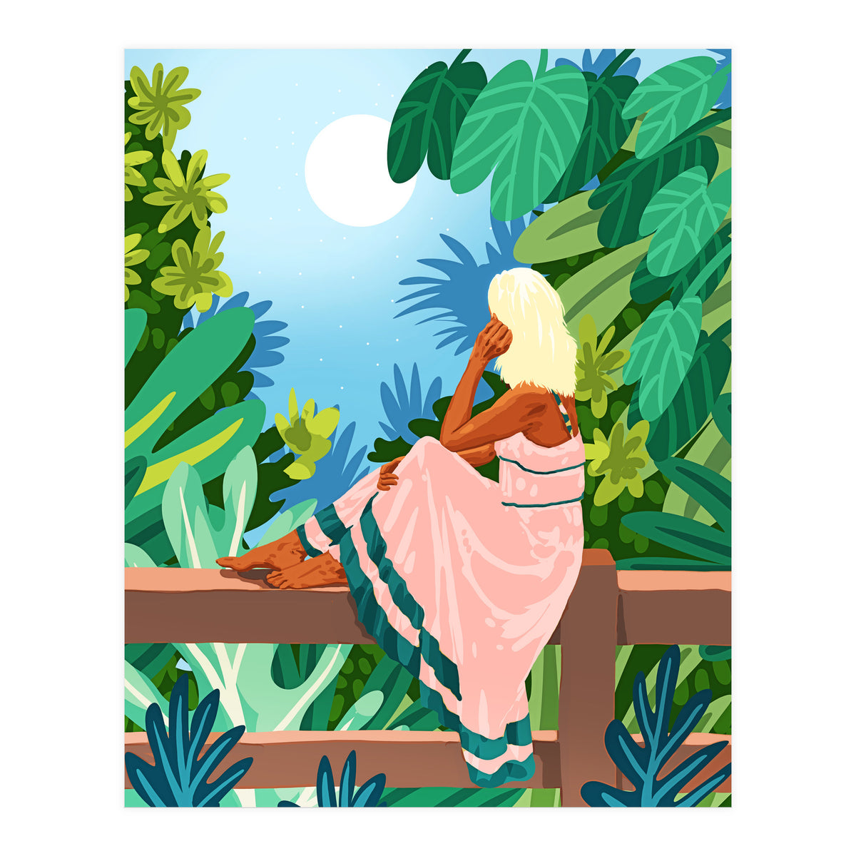 Forest Moon, Bohemian Woman Jungle Nature Tropical Colorful Travel Fashion Illustration (Print Only)
