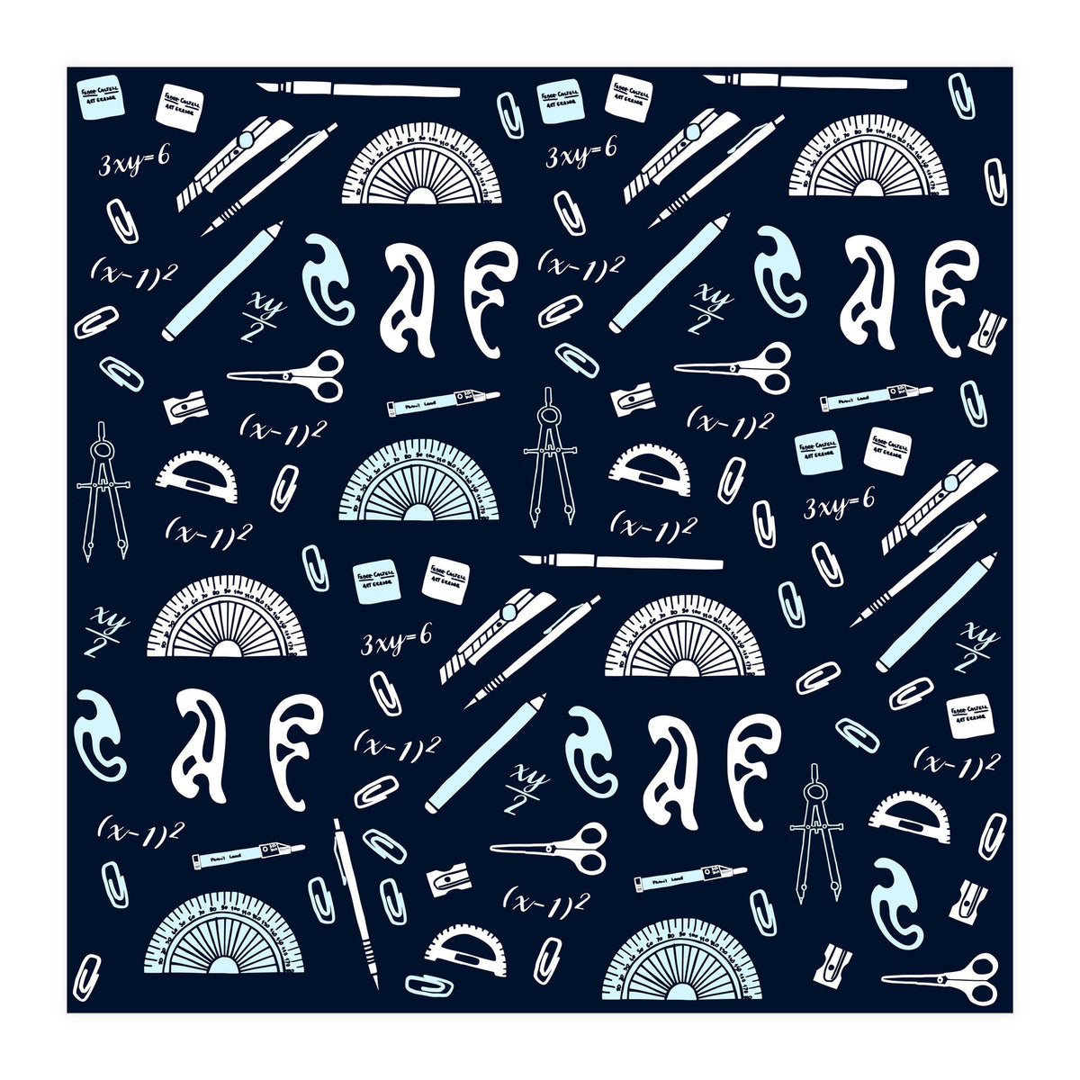 Mathematics and Geometry Pattern with protractors, mechanical pencils and erasers (Print Only)