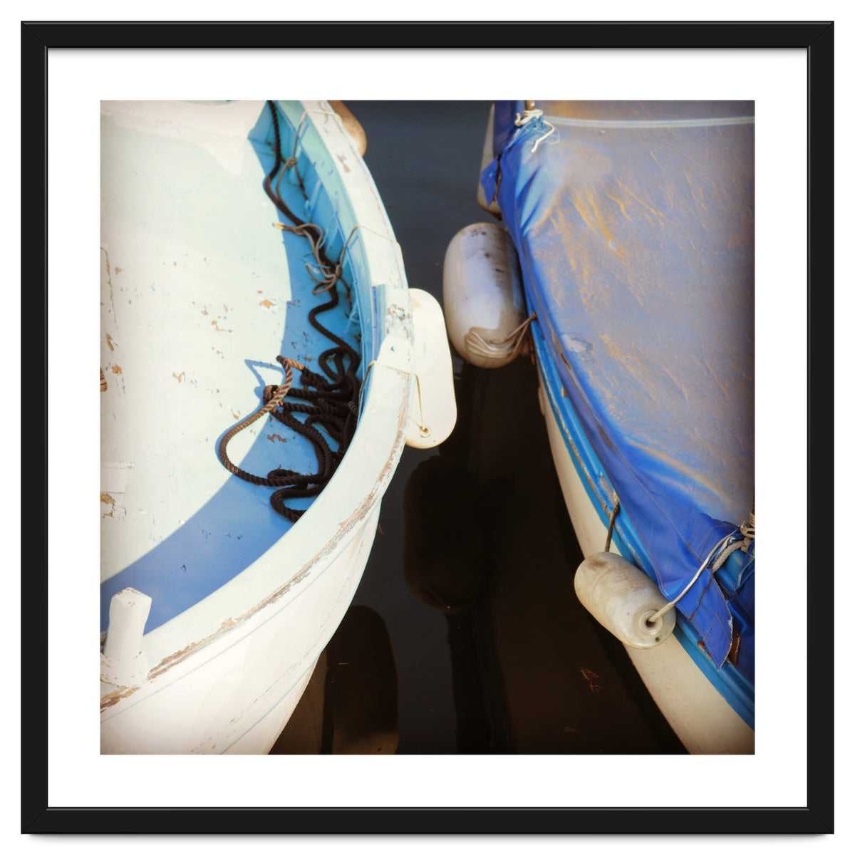 Blue and white wooden fishing boats