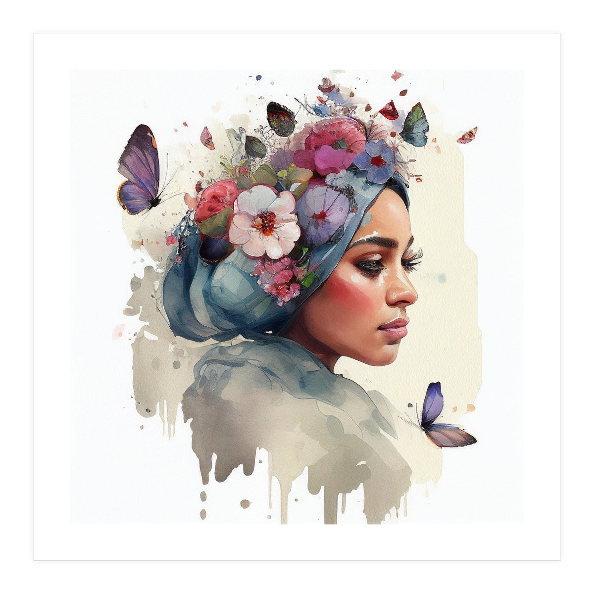 Watercolor Floral Muslim Woman #1 (Print Only)