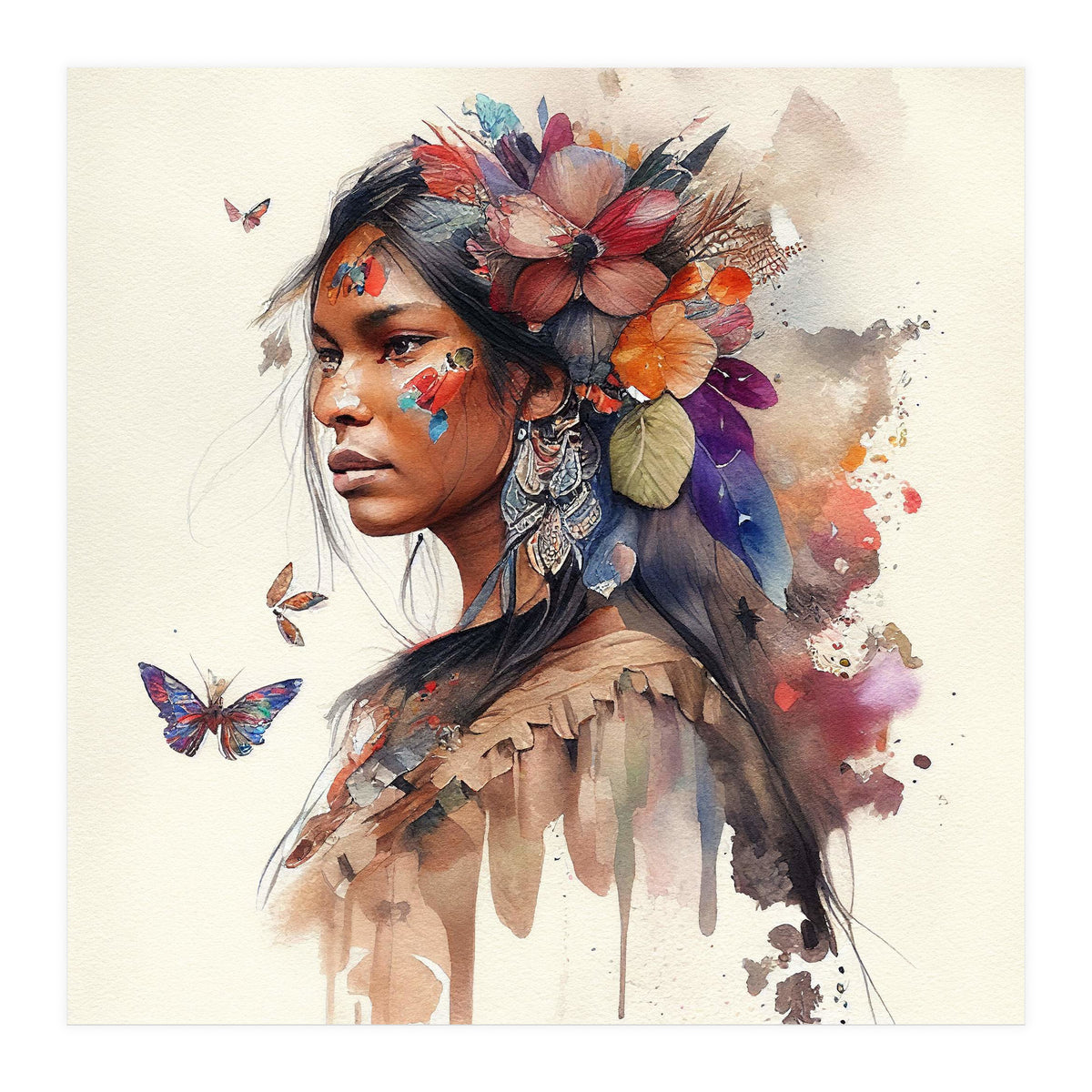 Watercolor Floral Indian Native Woman #9 (Print Only)