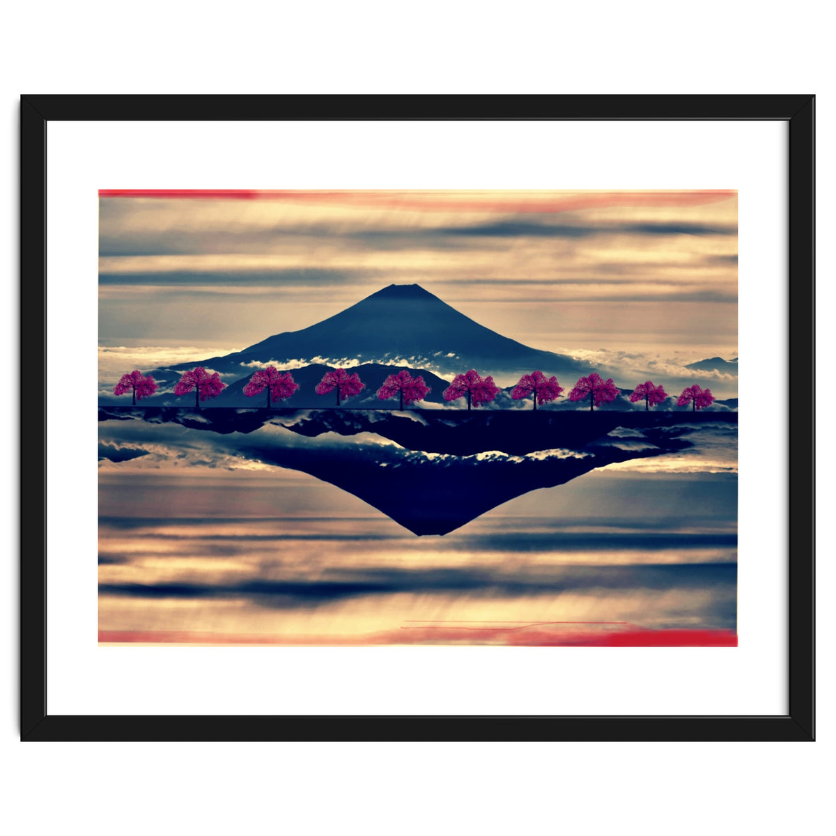 Reflection on Mount Fuji with cherry trees.