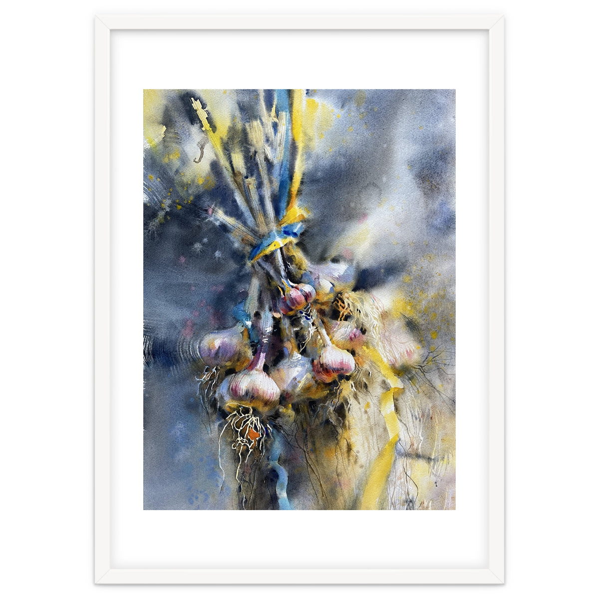 Garlic With Ribbon. Watercolor painting Still life