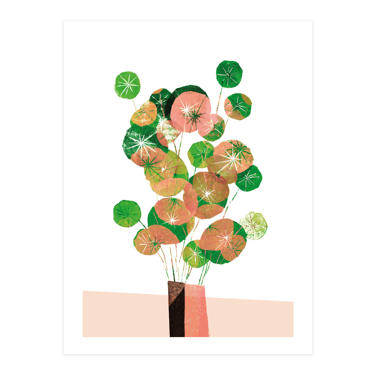 Pilea In Green And Coral (Print Only)