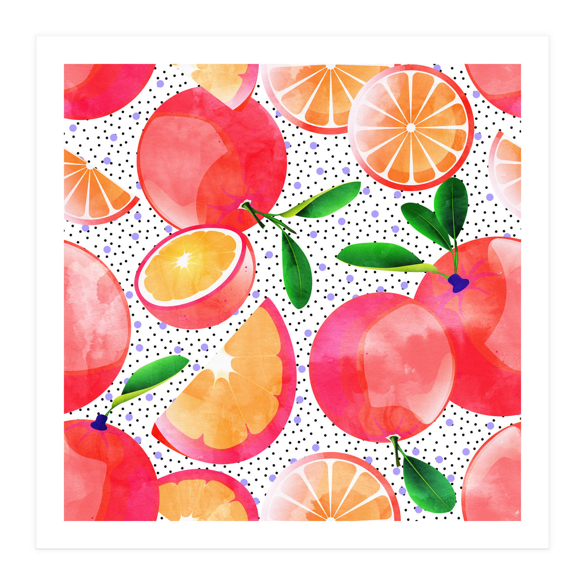 Citrus Tropical | Juicy Fruits Polka Dots | Food Orange Grapefruit Pink Watercolor Botanica (Print Only)
