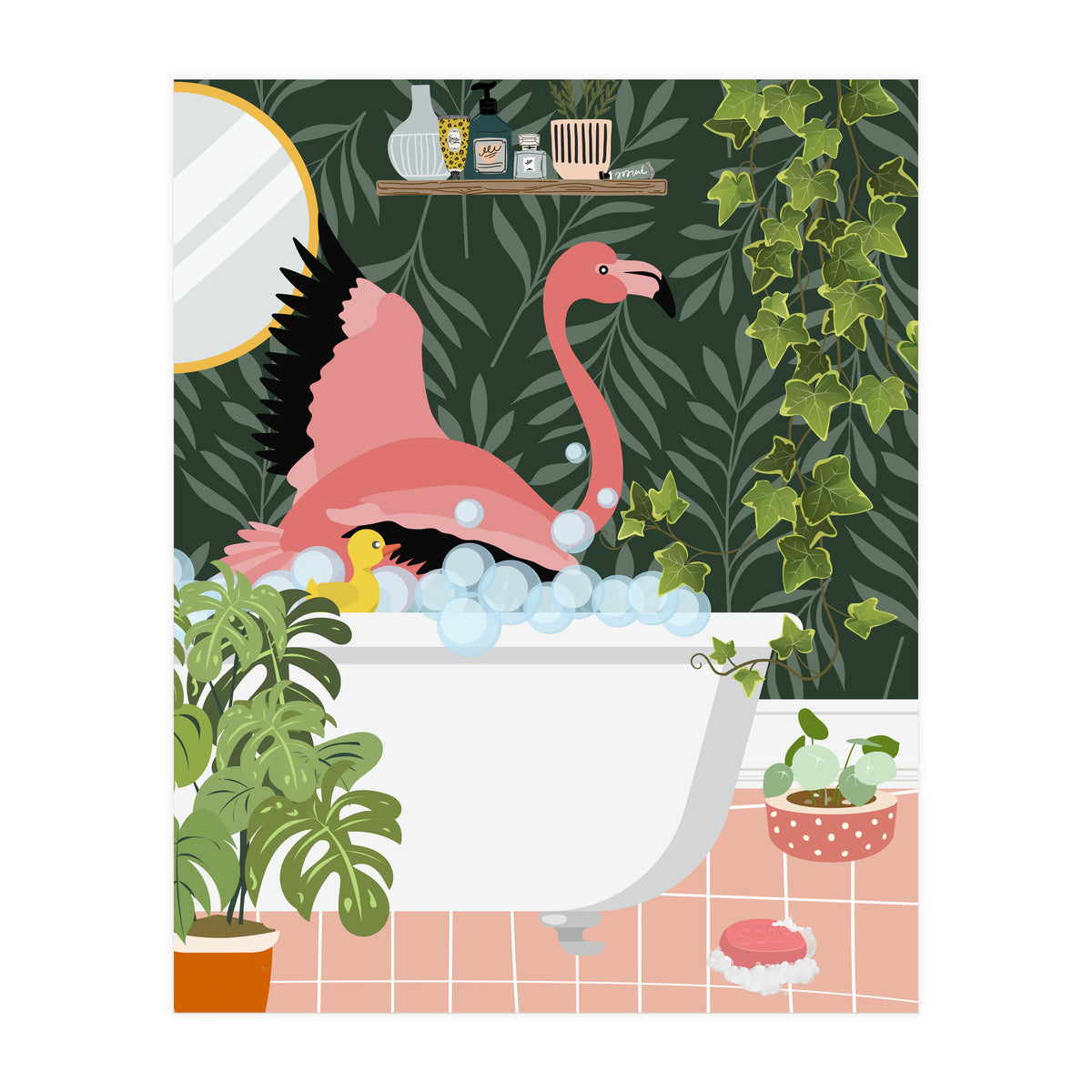 Flamingo Taking a Bubble Bath (Print Only)