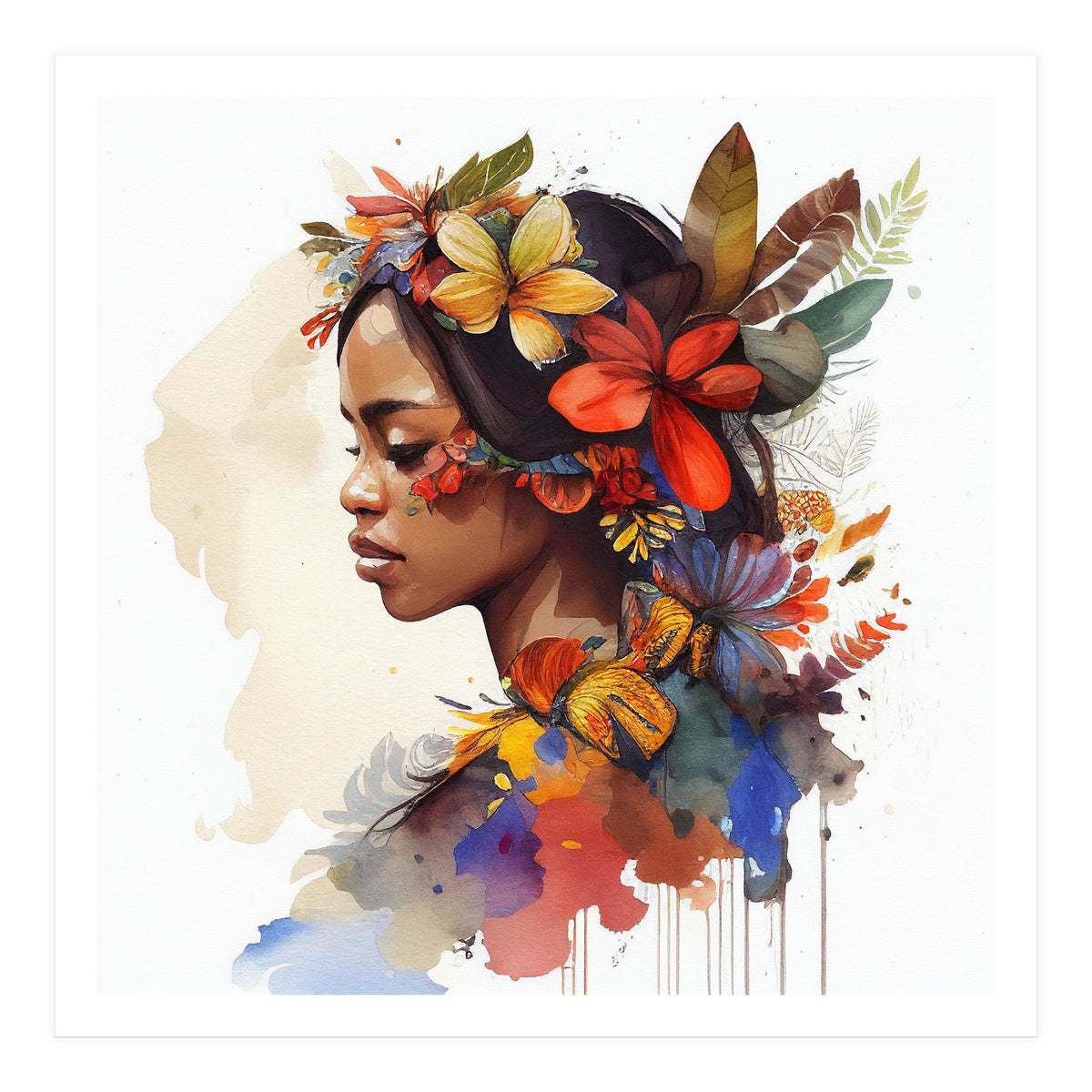 Watercolor Floral Indonesian Native Woman #4 (Print Only)