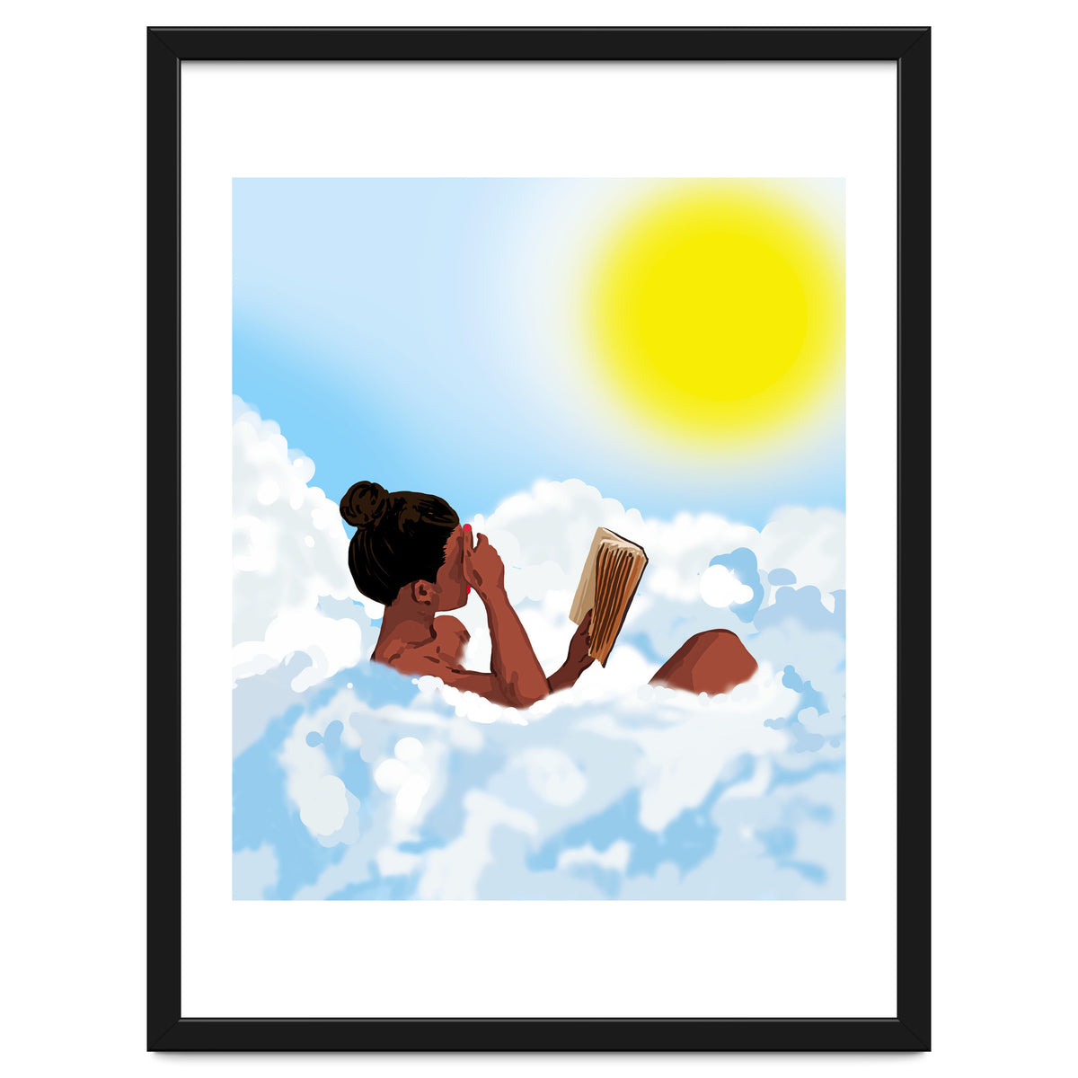 Reading on Clouds, Black Woman Summer Sunny Day Book Painting, Bohemian Nude