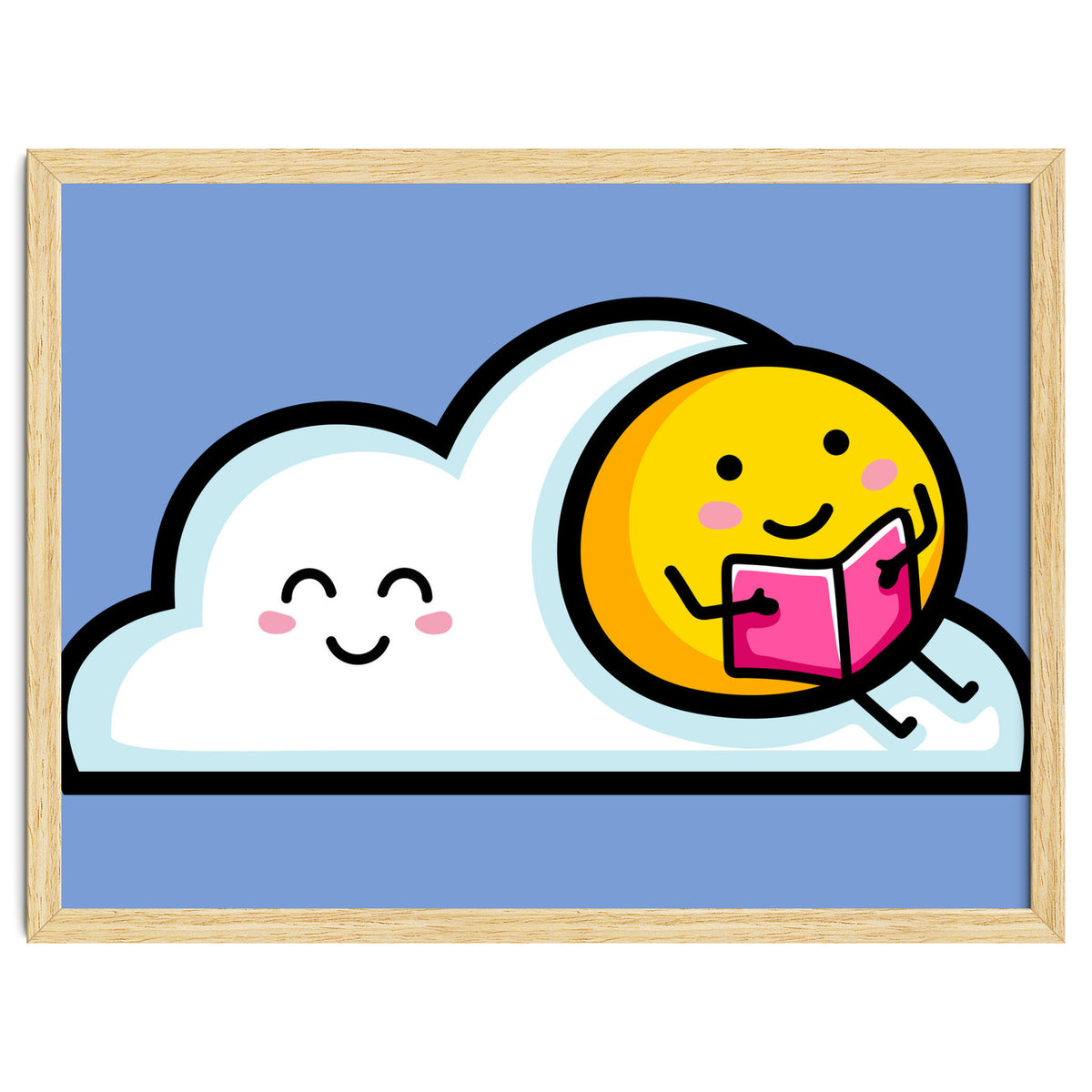Kawaii Cute Sun Reading A Book On A Cloud